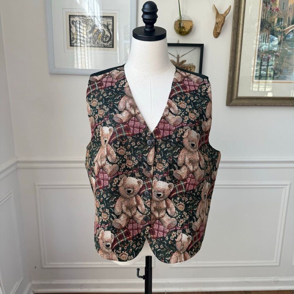 Vintage 90s Cleo Teddy Bear Tapestry Vest L